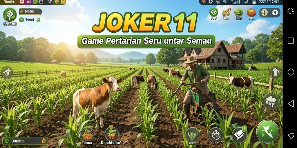 Tampilan utama JOKER11 menampilkan lahan pertanian yang subur dan hewan ternak yang ceria.
