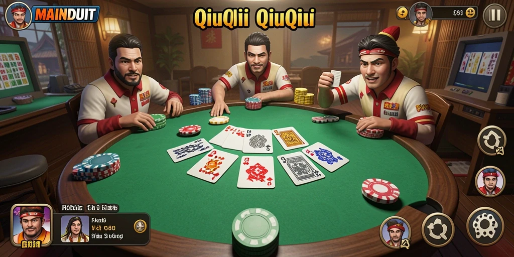 Tampilan gameplay seru dari MAINDUIT dengan pertempuran kartu QiuQiu.