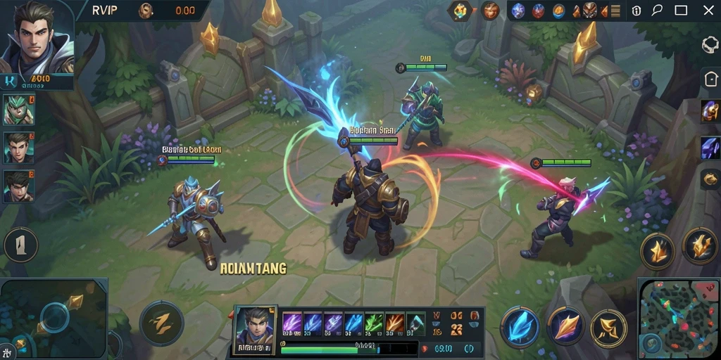 Screenshot gameplay RVIP menampilkan aksi seru di arena pertarungan MOBA.